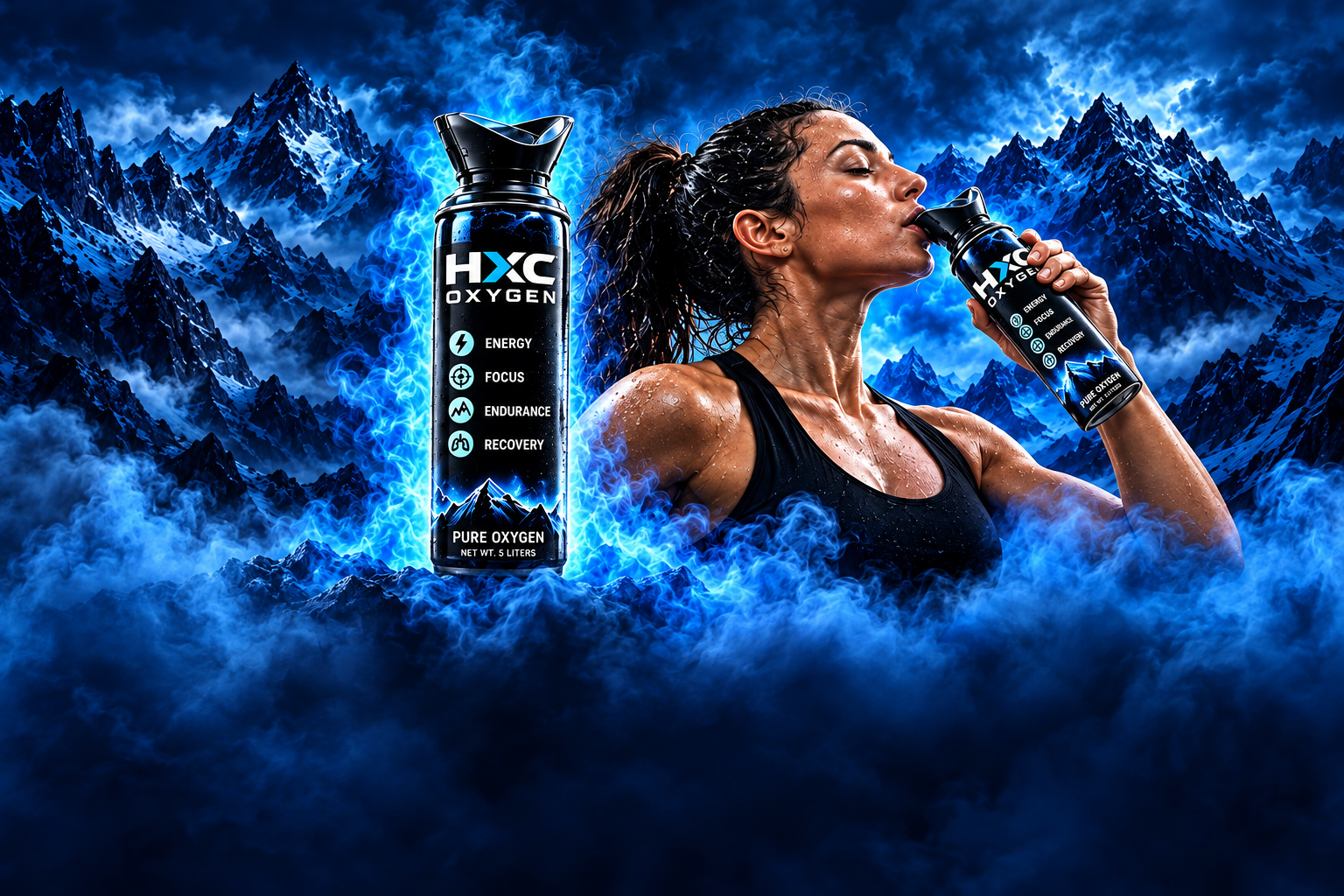 HXC Oxygen canister and athlete against icy blue mountains